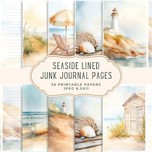 Seaside Junk Journal Ephemera Lined Pages | Printable Beach Digital Paper | Coastal Watercolor Scrapbooking Paper | Ocean Junk Journal Kit