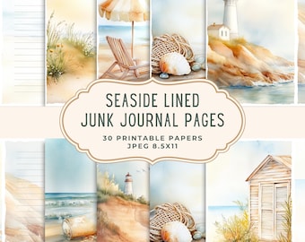 Seaside Junk Journal Ephemera Lined Pages | Printable Beach Digital Paper | Coastal Watercolor Scrapbooking Paper | Ocean Junk Journal Kit
