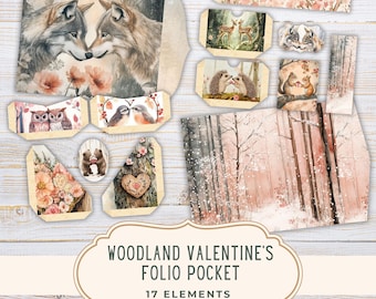 Woodland Valentine's Folio Kit Junk Journal, Printable Pages, Hearts Scrapbooking, Digital Download