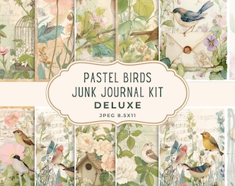 May include: A collection of pastel-colored journal kit pages featuring birds, flowers, and botanical elements. The kit includes various designs with birds perched on branches, floral arrangements, and vintage-style backgrounds. The text on the image reads "Pastel Birds Junk Journal Kit Deluxe JPEG 8.5X11".