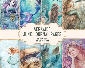 Páginas para Diário de Sucata com Tema de Sereias | Papel Digital Oceano | Kit de Scrapbooking Marinho | Cartões Imprimíveis | Enfeites Marinhos, Artesanato em Papel, Folha para Colagem