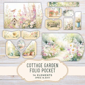 以下が含まれることがあります： 14個のCottage Garden Folio Pocket要素のコレクション。水彩イラストは、鳥小屋、花、庭のシーンをソフトパステルカラーで表現しています。「Cottage Garden Folio Pocket、14 Elements、JPEG 8.5x11」と書かれています。