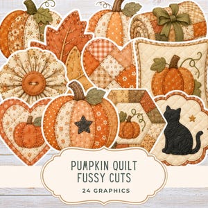 May include: A collection of twenty-four fabric-style graphics featuring quilted pumpkins, autumn leaves, a black cat, and patterned hearts. The central label displays the text PUMPKIN QUILT FUSSY CUTS 24 GRAPHICS in a dark green sans-serif font.