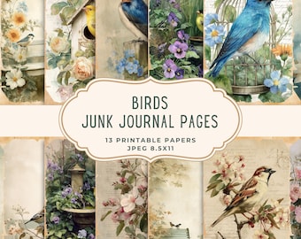 May include: A collection of 13 printable junk journal pages featuring vintage-style illustrations of birds, flowers, and botanical elements. The pages include images of bluebirds, a birdhouse, and floral arrangements. The text "BIRDS JUNK JOURNAL PAGES" is displayed on the image.