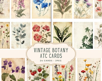 Vintage Botanical ATC Cards, Floral Junk Journal Kit, Printable Pages, Scrapbooking Ephemera, Digital Download