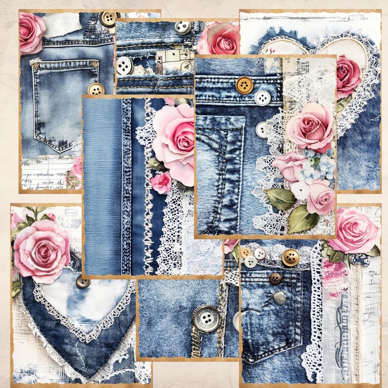 Denim Flowers Lace Junk Journal Pages | Printable Digital Paper Pack ...