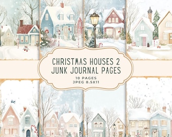 Christmas Houses Junk Journal Kit, Winter Printable Pages, Pastel Scrapbooking Set, Digital Download