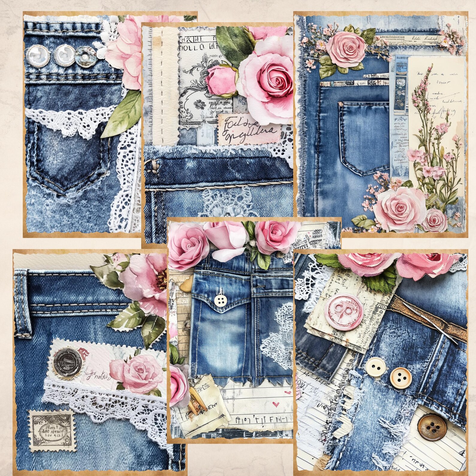 Denim Flowers Lace Junk Journal Pages | Printable Digital Paper Pack ...