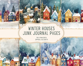 Winter Houses Junk Journal Pages, Snow Digital Paper, Christmas Scrapbooking Kit, Printable Cards, Ephemera, Paper Craft Collage Sheet