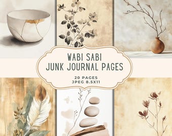 May include: A collection of Wabi Sabi junk journal pages. The image features a variety of watercolor illustrations, including a ceramic bowl with gold accents, floral branches, a feather, and stones. The text reads "Wabi Sabi Junk Journal Pages".