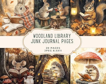 May include: Watercolor illustrations of woodland creatures reading books, including a rabbit, squirrel, and hedgehog. The image features a cozy, autumnal theme with fall leaves and soft lighting. Text on the image reads "Woodland Library Junk Journal Pages".