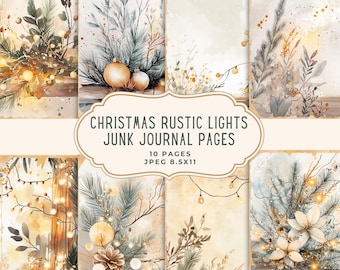 Páginas de diario basura con luces rústicas navideñas/papel digital, kit de scrapbooking navideño, tarjetas imprimibles, efímeras, hoja de collage de papel