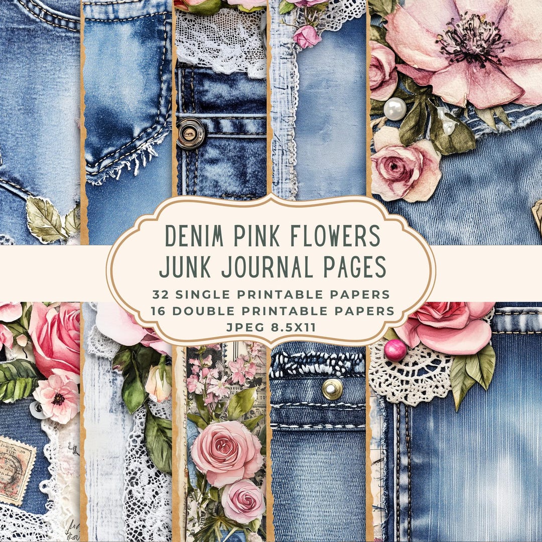 Denim Flowers Lace Junk Journal Pages | Printable Digital Paper Pack ...