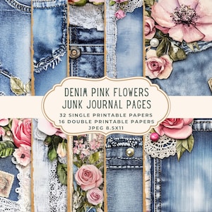 Denim Flowers Lace Junk Journal Pages | Printable Digital Paper Pack | Jeans Scrapbooking Kit | Patchwork Ephemera | Vintage Journal Paper