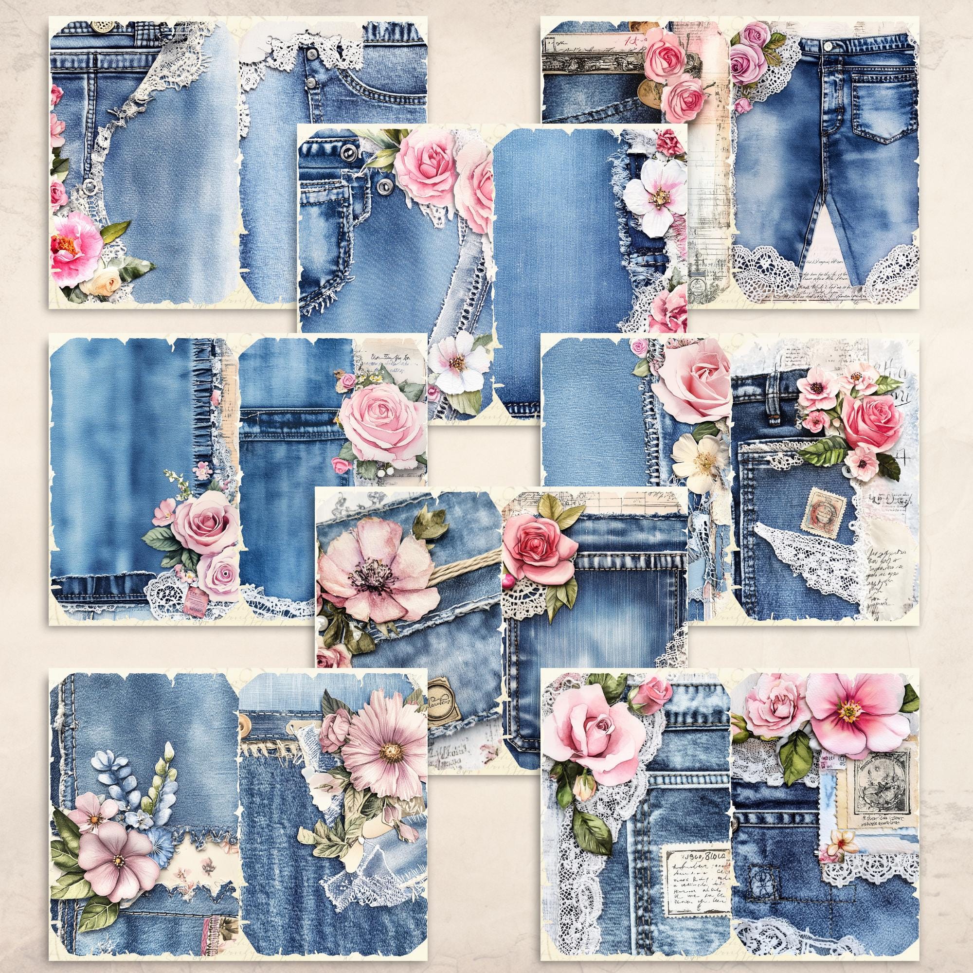 Denim Flowers Lace Junk Journal Pages | Printable Digital Paper Pack ...