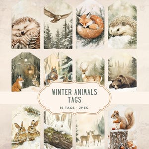 Puede incluir: Conjunto de 16 etiquetas de animales de invierno con ilustraciones en acuarela. Las etiquetas presentan varios animales del bosque como zorros, búhos, ciervos y ardillas en un paisaje nevado. El texto "Winter Animals Tags" se muestra.