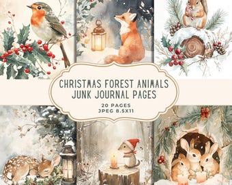 Christmas Forest Animals Junk Journal Kit, Woodland Printable Pages, Holidays Scrapbooking, Digital Download
