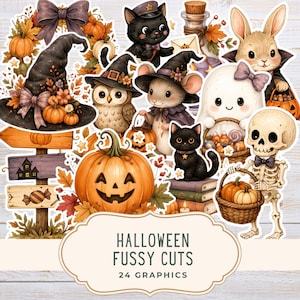 May include: A collection of Halloween-themed stickers featuring a black witch hat, a jack-o'-lantern, a skeleton, a ghost, a black cat, an owl, and a rabbit. The set includes a wooden signpost with icons and the text HALLOWEEN FUSSY CUTS 24 GRAPHICS.