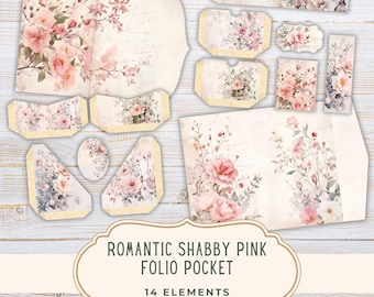 Romantic Floral Folio Kit, Spring Junk Journal, shabby roze afdrukbare pagina's, scrapbooking, digitale download