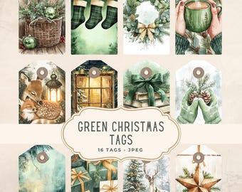 Könnte beinhalten: Eine Sammlung von 16 Aquarell-Weihnachtsgeschenkanhängern mit verschiedenen Designs in Grüntönen. Die Anhänger zeigen Bilder von Strümpfen, Kränzen, Hirschen, Geschenken und anderen festlichen Elementen. Der Text "GREEN CHRISTMAS TAGS" ist auf einem cremefarbenen Banner zu sehen.