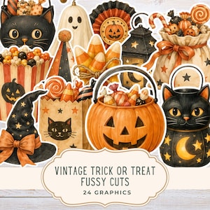 Peut inclure: Une collection d'autocollants sur le thème d'Halloween comprenant un seau chat noir, un fantôme, une citrouille, un chapeau de sorcière, des bonbons et des sacs à friandises. Le texte indique VINTAGE TRICK OR TREAT FUSSY CUTS 24 GRAPHICS. Couleurs orange, noir et crème.