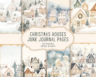 Christmas Houses Junk Journal Kit, Winter Printable Pages, Scrapbooking Set, Digital Download