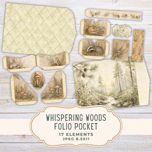 May include: A collection of 17 paper craft elements titled Whispering Woods Folio Pocket, featuring printed illustrations of woodland animals like foxes, badgers, rabbits, and owls, alongside forest landscapes, mushrooms, and foliage in muted earth tones.