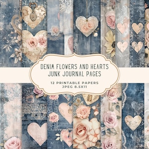 Denim Flowers Hearts Junk Journal Pages | Printable Digital Paper Pack | Jeans Scrapbooking Kit | Patchwork Ephemera | Vintage Journal Paper