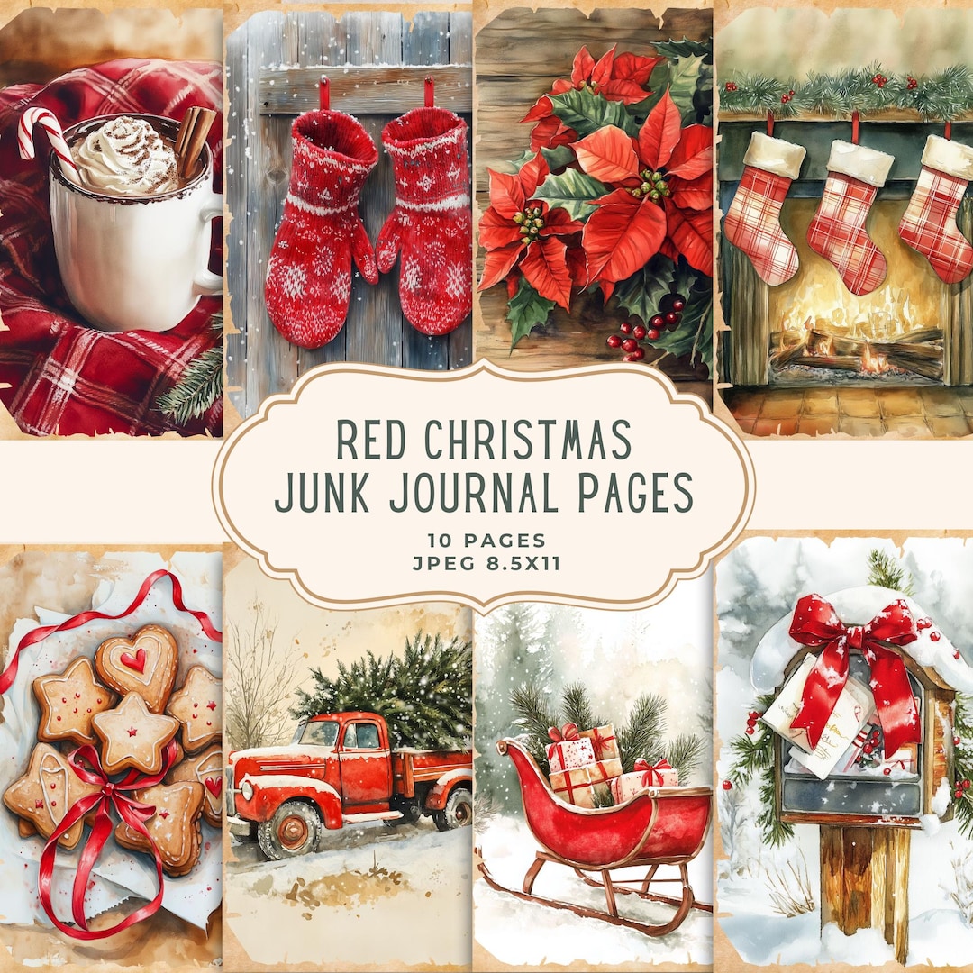 Red Christmas Junk Journal Kit, Printable Pages, Holidays Scrapbooking ...
