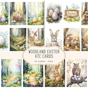 Puede incluir: Un conjunto de tarjetas ATC de acuarela con temática de Pascua en el bosque. Las tarjetas presentan ilustraciones de huevos de Pascua, pollitos, conejos, ciervos y búhos en un entorno forestal. El texto "Woodland Easter ATC Cards" se muestra en las tarjetas.