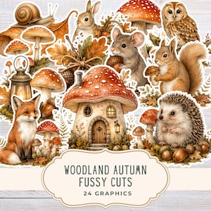 Op de afbeelding: Een verzameling stickers met bosthema, waaronder een vos, egel, eekhoorn, muis, konijn, uil, slak en een paddenstoelenhuis. De set bevat diverse paddenstoelen, eikels en bladeren. Tekst: WOODLAND AUTUMN FUSSY CUTS 24 GRAPHICS.