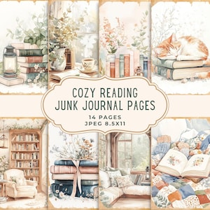 Può includere: Una collezione di pagine di diario spazzatura ad acquerello con un tema di lettura accogliente. Le pagine presentano pile di libri, un gatto che dorme e composizioni floreali. Il testo sull'immagine recita "Cozy Reading Junk Journal Pages, 14 Pages, JPEG 8.5x11".