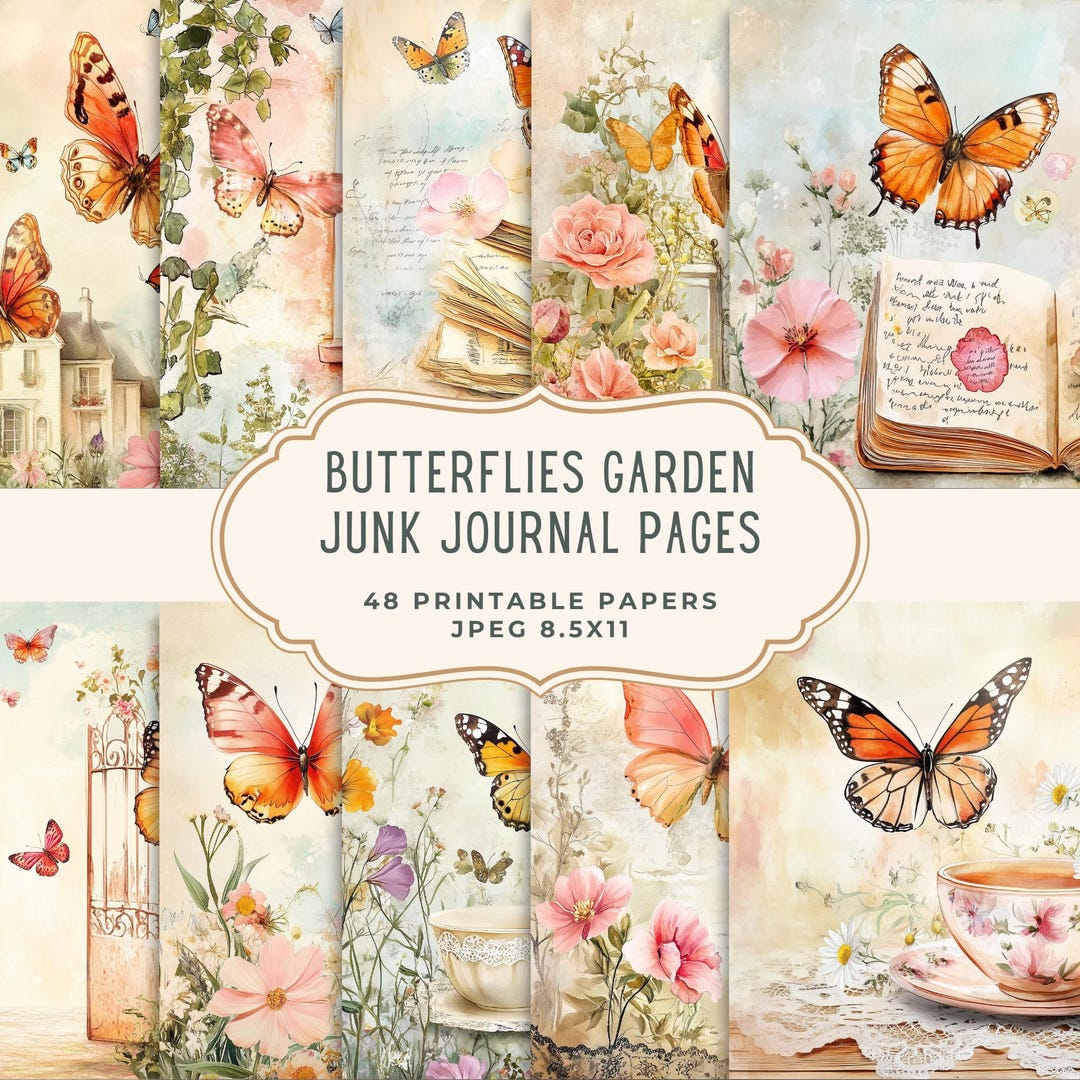 Butterflies Garden Junk Journal Pages | Spring Floral Digital Paper ...