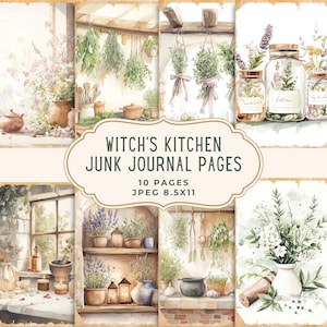 Pode incluir: Páginas de diário de arte em aquarela com tema de cozinha de bruxa. As páginas apresentam ilustrações de ervas, potes e itens de cozinha. O texto na imagem diz "Witch's Kitchen Junk Journal Pages, 10 Pages, JPEG 8.5x11".