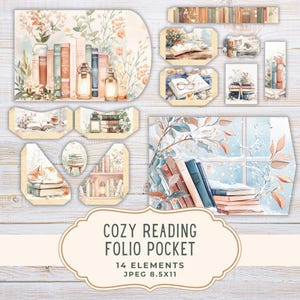 May include: Watercolor illustrations of a cozy reading theme. The image features various elements, including stacks of books, open books, and decorative accents. The text reads "COZY READING FOLIO POCKET" with "14 ELEMENTS" and "JPEG 8.5X11".