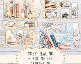May include: A collection of watercolour illustrations with a cosy reading theme. The image includes stacks of books, open books, and decorative elements. The text reads "COZY READING FOLIO POCKET" with "14 ELEMENTS" and "JPEG 8.5X11".