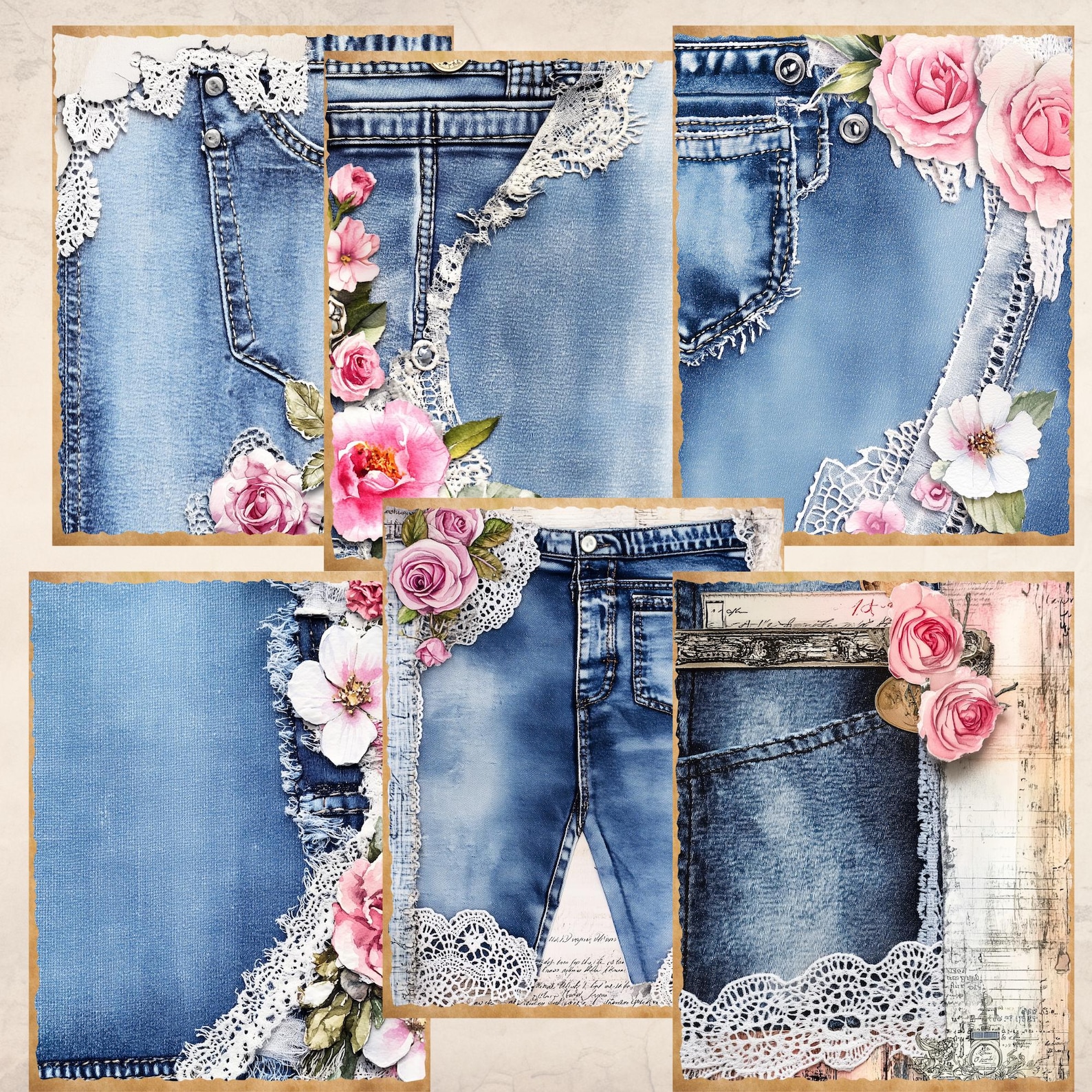 Denim Flowers Lace Junk Journal Pages | Printable Digital Paper Pack ...