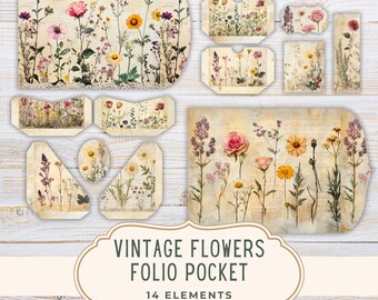 May include: A collection of vintage floral folio pocket elements. The designs feature various wildflowers in shades of pink, yellow, and purple, set against a backdrop of aged paper. The text reads "VINTAGE FLOWERS FOLIO POCKET" with "14 ELEMENTS" and "JPEG 8.5X11".