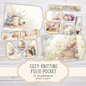 May include: A collection of watercolor-style paper elements with a cozy knitting theme. The designs include spools of thread, yarn balls, baskets of flowers, and a cat. The text reads "Cozy Knitting Folio Pocket, 17 Elements, JPEG 8.5x11".
