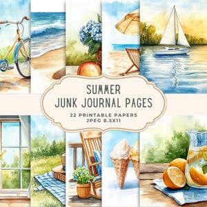 Summer Junk Journal Pages | Watercolor Digital Paper Pack | Seaside Ocean Printable Vintage Scrapbooking Pages | Printable Cottagecore Paper