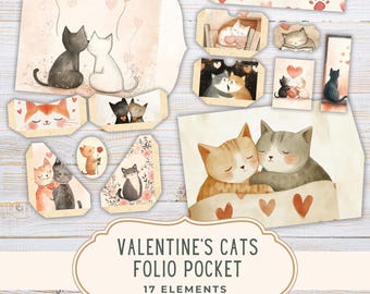 Valentine's Cats Folio Kit Junk Journal, Printable Pages, Hearts Scrapbooking, Digital Download