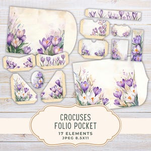 May include: A collection of 17 paper elements for a folio pocket, featuring watercolor illustrations of purple and white crocuses. The design includes various shapes like envelopes, tags, and decorative pieces, with the text "Crocuses Folio Pocket".