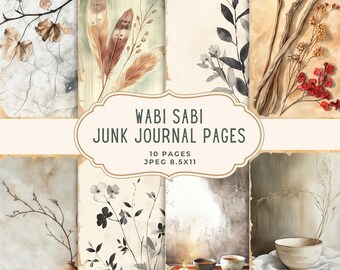 May include: A collection of ten Wabi Sabi junk journal pages. The pages feature watercolor illustrations of feathers, branches, flowers, and bowls. The pages are 8.5 x 11 inches in size.