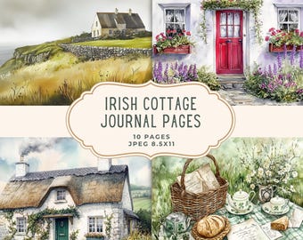 May include: Watercolor illustrations of Irish cottages and landscapes. The image includes a cottage on a cliff, a cottage with a red door, and a cottage with a thatched roof. The text reads "Irish Cottage Journal Pages" and "10 Pages JPEG 8.5X11".