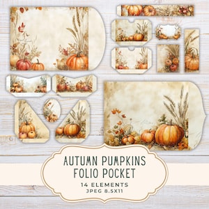 May include: A collection of 14 autumn-themed paper elements, including a folio pocket, tags, and labels. The designs feature watercolor illustrations of pumpkins, wheat, and fall foliage in shades of orange, brown, and beige. The text reads "Autumn Pumpkins Folio Pocket".