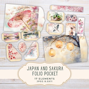 May include: A collection of watercolor-style paper ephemera with a Japanese theme. The designs include a pink parasol, cherry blossoms, bridges, lanterns, and a crane. The text reads "Japan and Sakura Folio Pocket" with "17 Elements" and "JPEG 8.5x11".