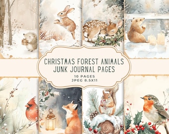 Christmas Forest Animals Junk Journal Kit, Woodland Printable Pages, Holidays Scrapbooking, Digital Download