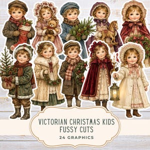 以下が含まれることがあります： ヴィクトリア朝のクリスマスの子どもたちのファジーカットコレクション。ストッキング、テディベア、松の枝、木馬、リース、ランタンなどのホリデーアイテムを持つヴィンテージの冬服を着た子どもたちの24のグラフィックと、Victorian Christmas Kids Fussy Cuts 24 Graphicsというテキストが含まれています。