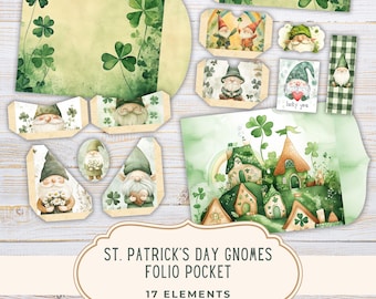 St. Patrick's Day Gnomes Folio Kit Junk Journal, Shamrock Printable Pages, Scrapbooking, Digital Download