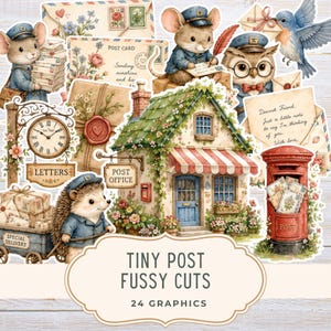 May include: A collection of stickers featuring a post office building, a red pillar box, and anthropomorphic animals including a mouse, owl, and hedgehog in postal uniforms. The graphics include envelopes, letters, and parcels with the text Tiny Post Fussy Cuts 24 Graphics.